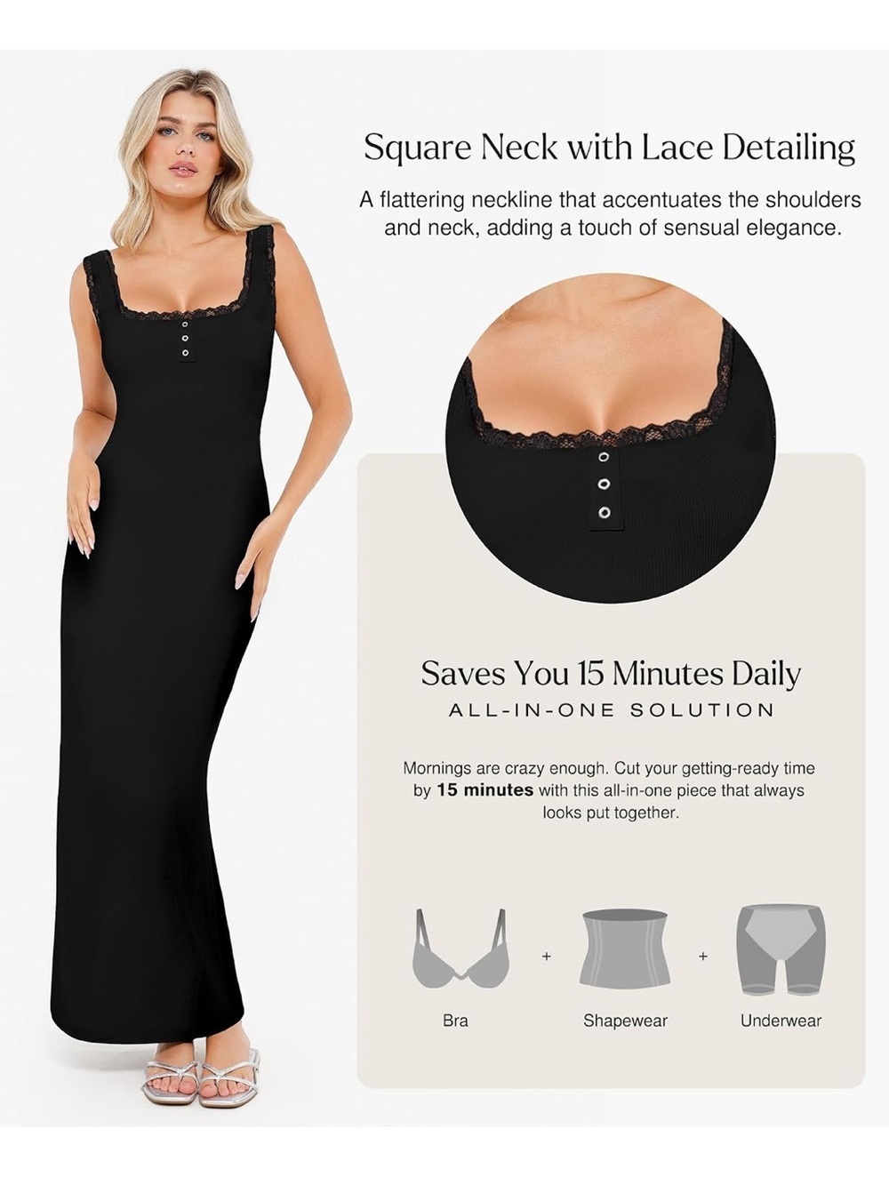 NWT Popilush Shapewear Tank Dress Summer Maxi Dress Built-in Bra Square Neck Med - Picture 3 of 8